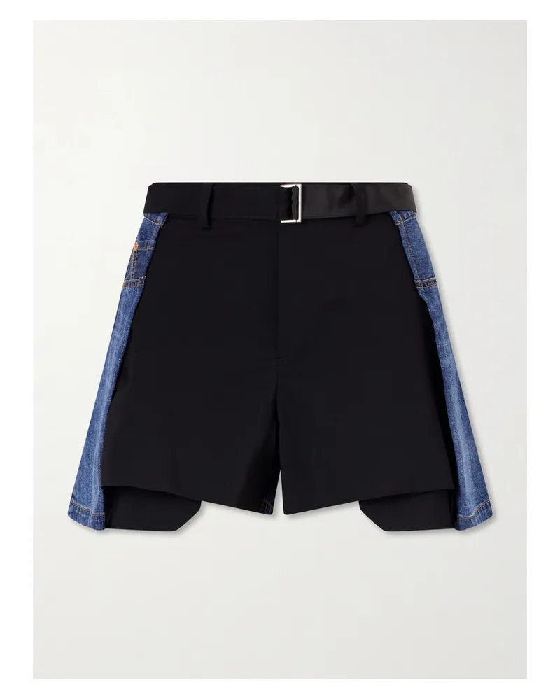 Sacai Belted Wool-trimmed Denim Shorts - Black Black