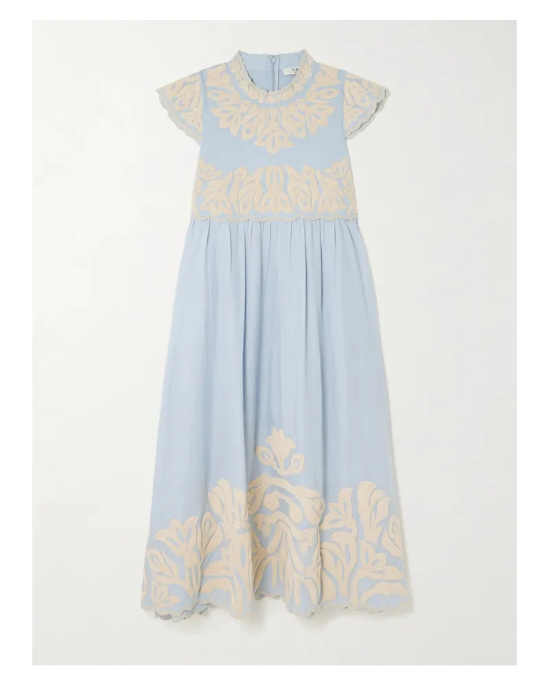 Sea Alexandra Midikleid Aus Baumwolle Mit Wellenkanten Und Stickereien - Blau Blau