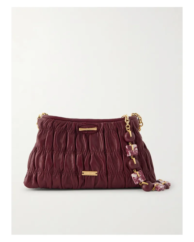 Cult Gaia Kiraz Mini Beaded Ruched Leather Clutch Bag - Burgundy Burgundy