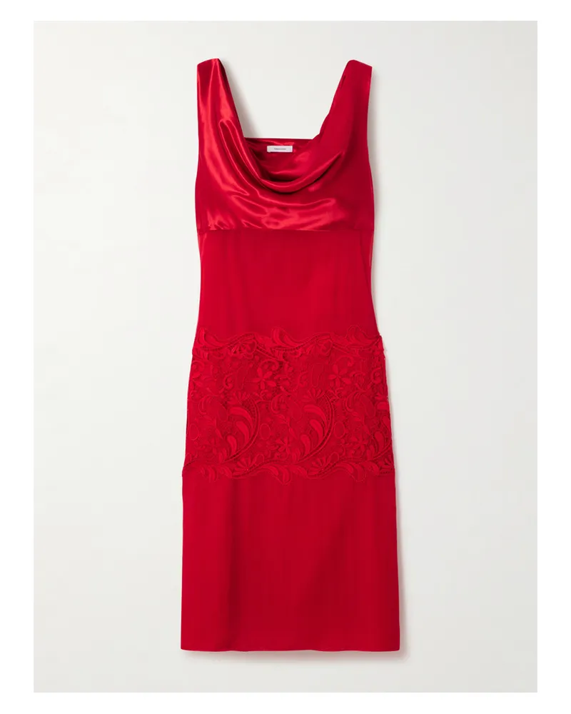 Ferragamo Midikleid Aus Seidenchiffon, Satin Und Spitze Mit Wasserfallausschnitt - Rot Rot