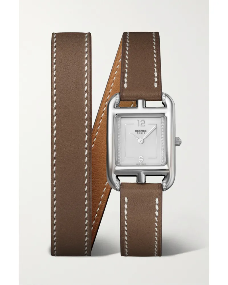 Hermès Cape Cod Double Tour 31 Mm Kleine Uhr aus Edelstahl Braun