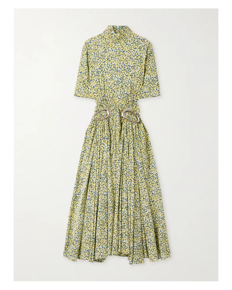 Bottega Veneta Embellished Gathered Pleated Floral-print Crepe Turtleneck Midi Dress - Multi Multi