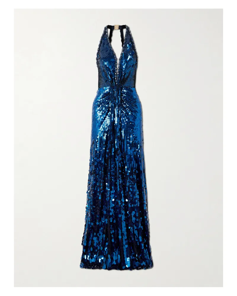 Jenny Packham Lisette Embellished Tulle Halterneck Gown - Blue Blue