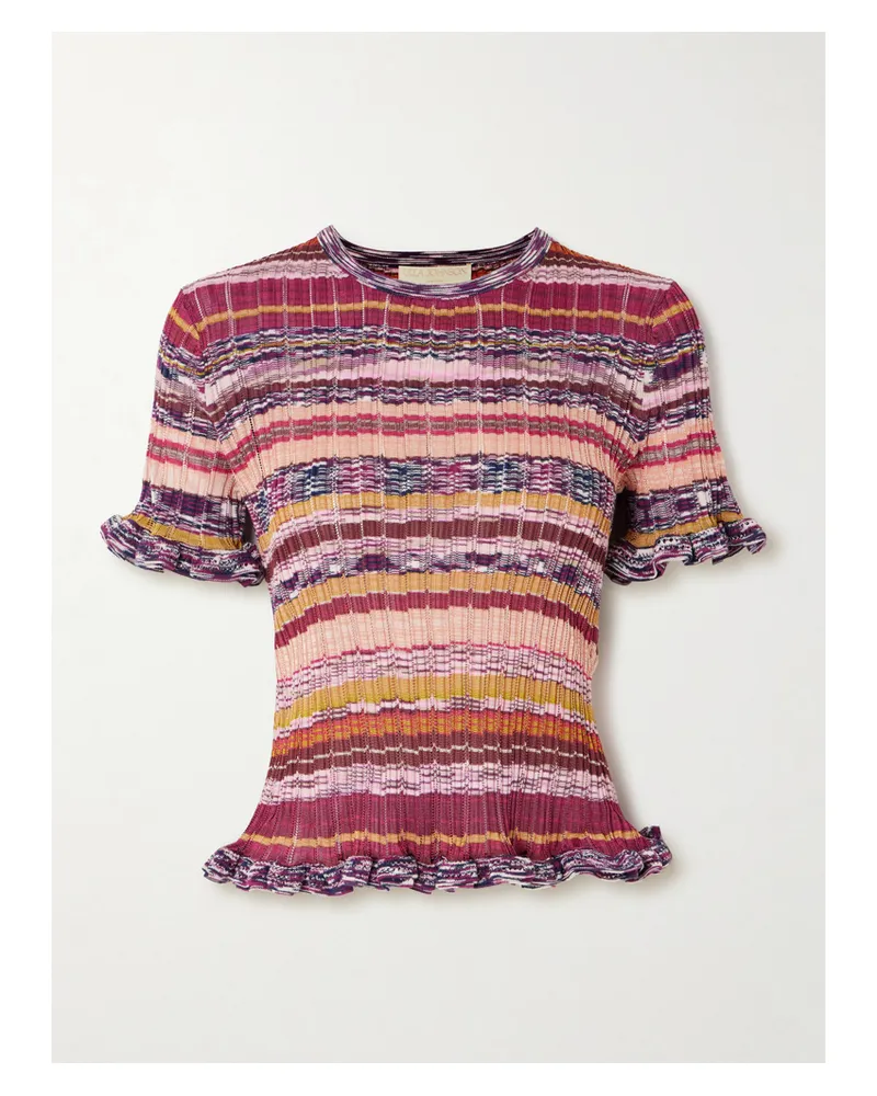 Ulla Johnson Miya Pullover In Gestreiftem Rippstrick Mit Rüschen - Rot Rot