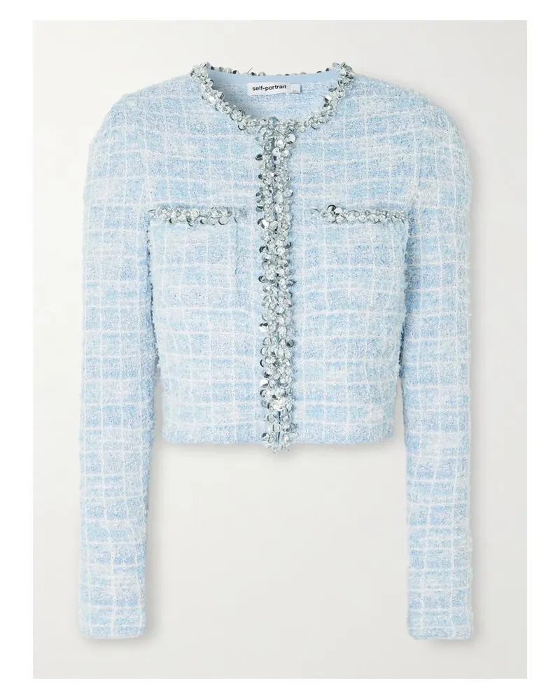 Self-Portrait Cardigan Aus Kariertem Bouclé-tweed Mit Verzierungen - Blau Blau