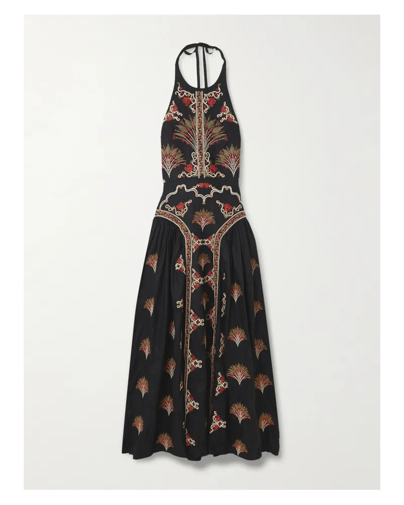 AGUA BENDITA Balsa Pleated Embroidered Linen Halterneck Midi Dress - Black Black