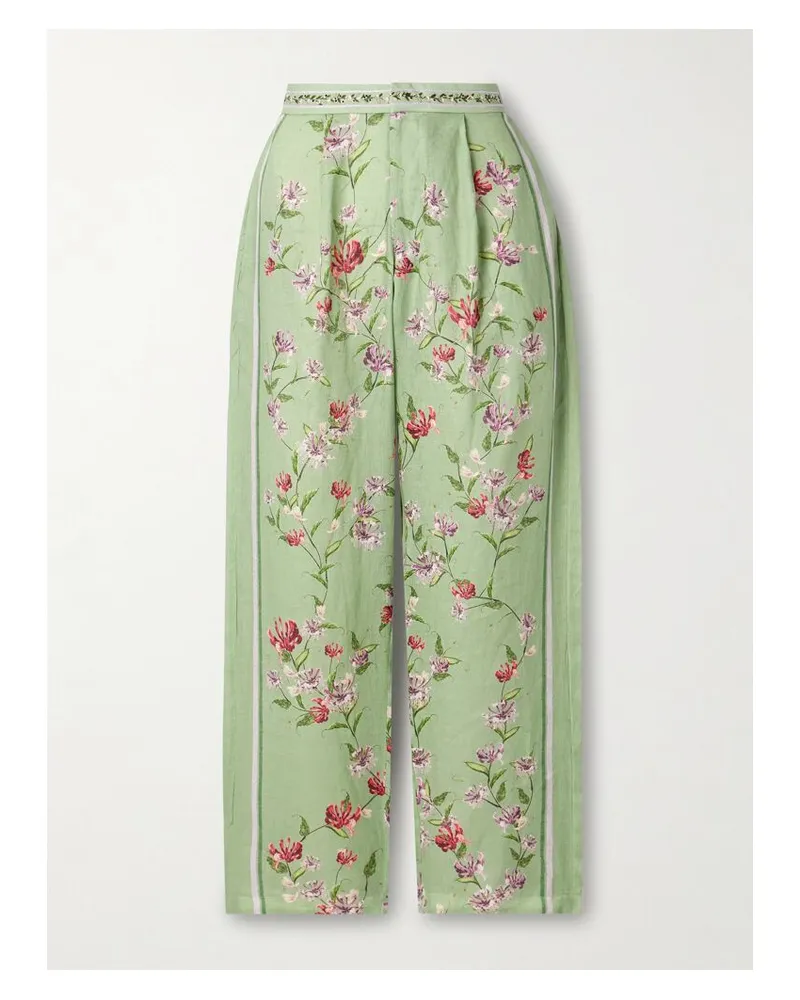 AGUA BENDITA Florecer Honeysuckle Hose Aus Leinen Mit Blumenprint, Stickereien Und Falten - Grün Grün