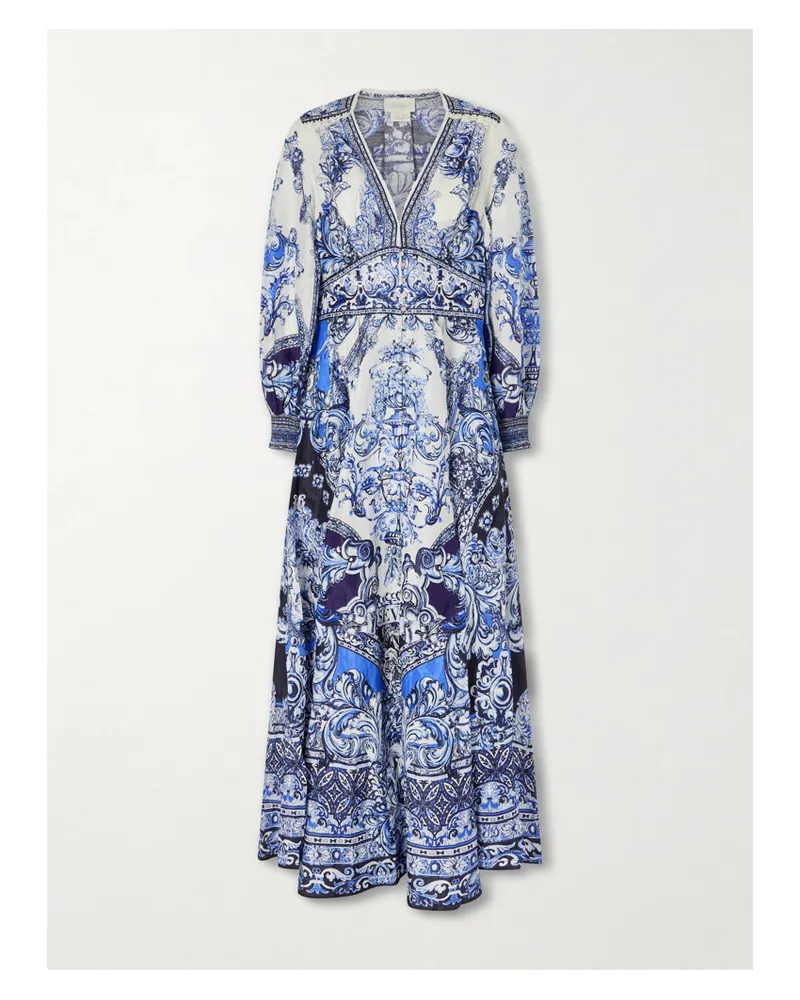 Camilla Crystal-embellished Printed Linen And Silk-blend Maxi Dress - Blue Blue