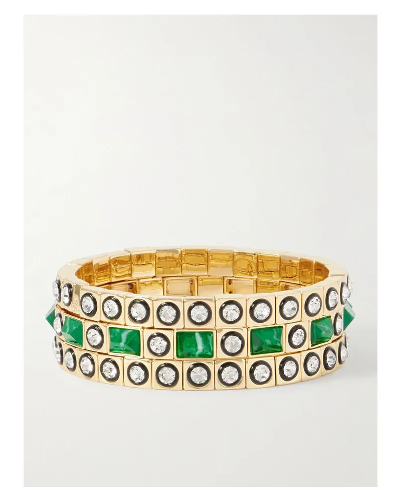 Roxanne Assoulin The Duchesse Set Aus Drei Goldfarbenen Armbändern Mit Cubic Zirkonia Und Emaille - Grün Grün