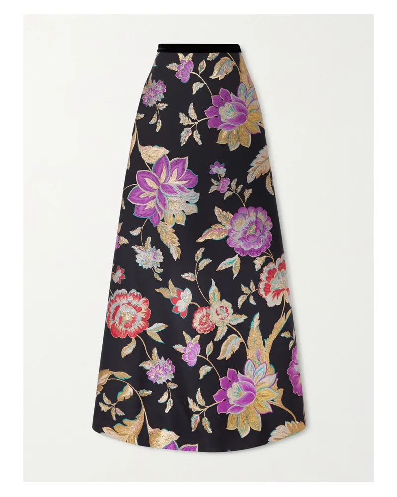 Valentino Garavani Velvet-trimmed Wool-blend Floral-brocade Maxi Skirt - Black Black