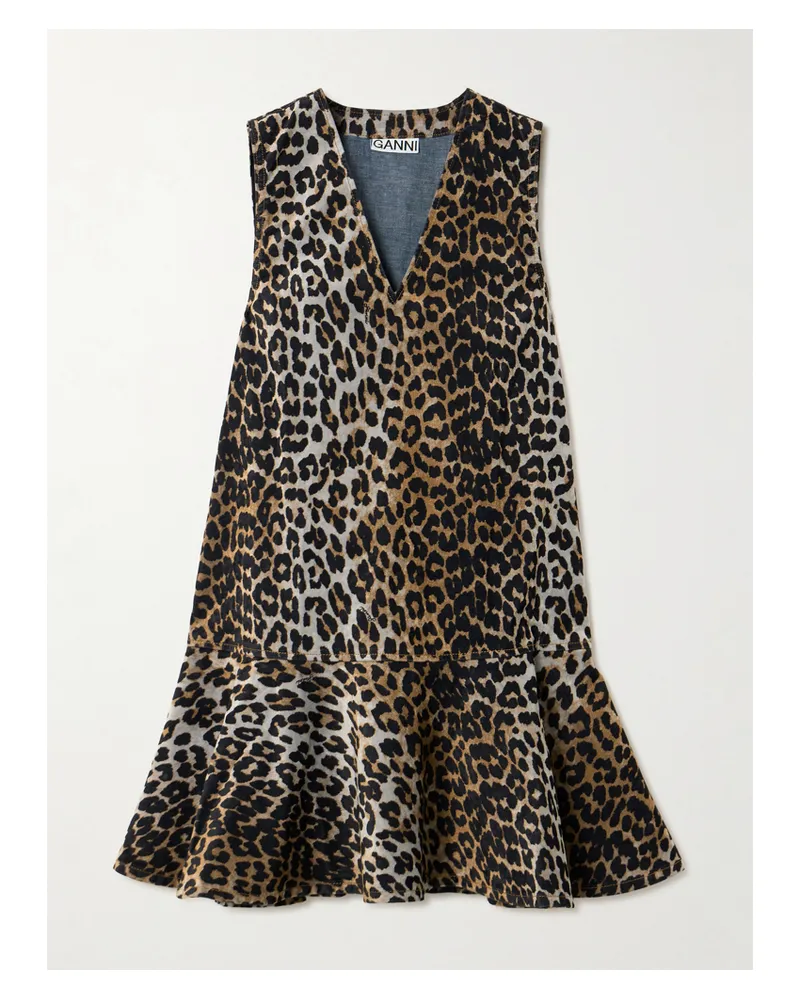 Ganni Ruffled Leopard-print Flocked Recycled-denim Mini Dress - Animal print Animal