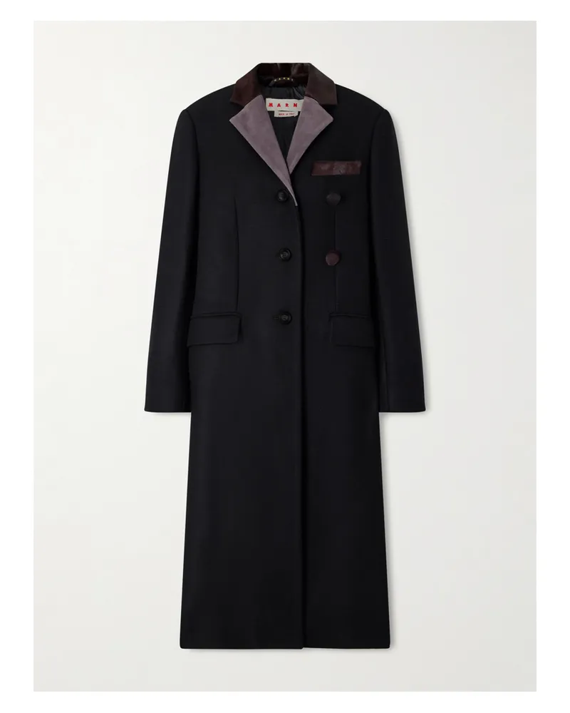 Marni Embroidered Calf Hair And Suede-trimmed Wool Coat - Black Black