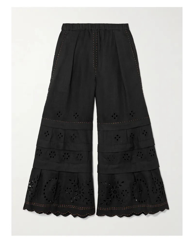 VITA KIN Gigi Scalloped Pleated Broderie Anglaise Linen Flared Pants - Black Black