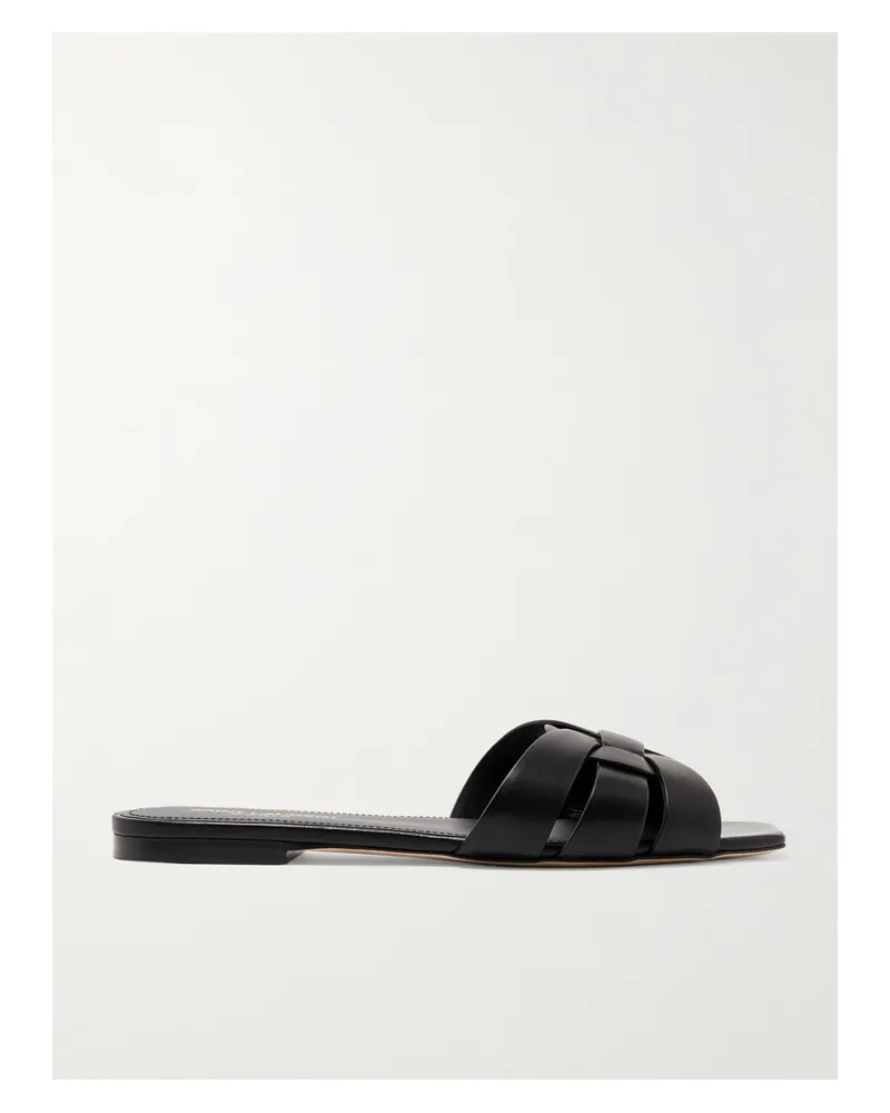 Saint Laurent Tribute Woven Leather Slides - Black Black
