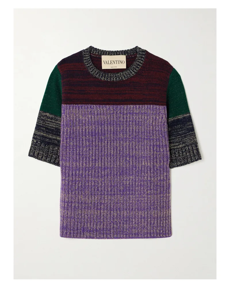 Valentino Garavani Kurzärmeliger Pullover Aus Einer Gerippten Metallic-wollmischung In Colour-block-optik - Lila Lila