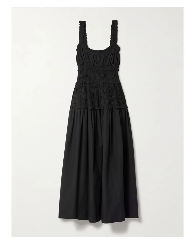 DÔEN Marianne Midikleid Aus Biobaumwollpopeline Mit Raffungen - Schwarz Schwarz