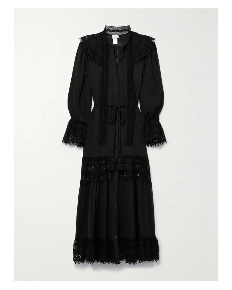 Miguelina Emilline Maxikleid Aus Baumwollgaze Mit Spitzeneinsätzen Und Bindegürtel - Schwarz Schwarz