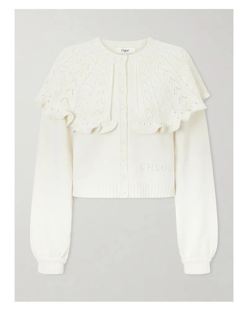 Chloé Verkürzter Cardigan Aus Einer Woll-kaschmirmischung In Pointelle-strick Mit Rüschen - Creme Creme