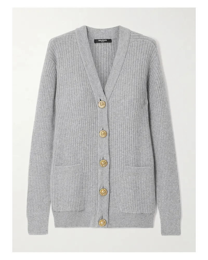 Balmain Cardigan Aus Einer Gerippten Woll-kaschmirmischung - Grau Grau