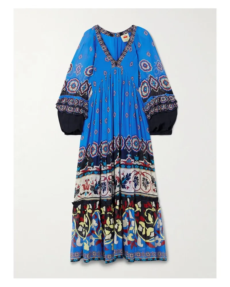 FARM Rio Ainika Maxikleid Aus Bedrucktem Georgette Mit Raffungen - Blau Blau