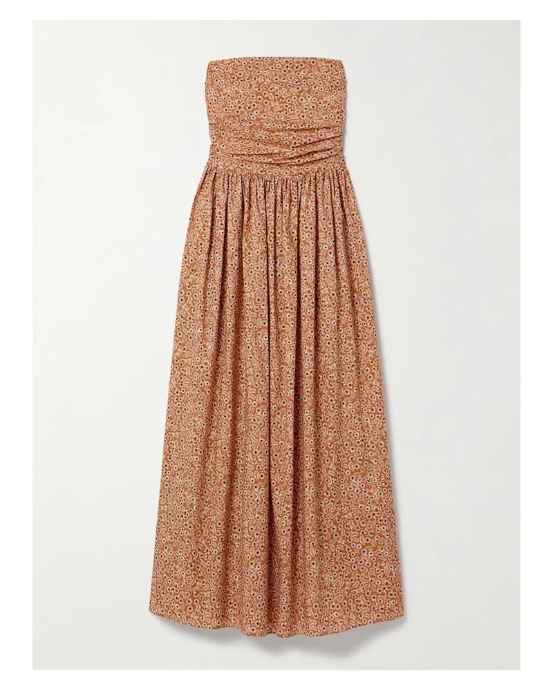 Matteau Trägerloses Midikleid Aus Biobaumwollpopeline Mit Blumenprint Und Raffungen - Orange Orange