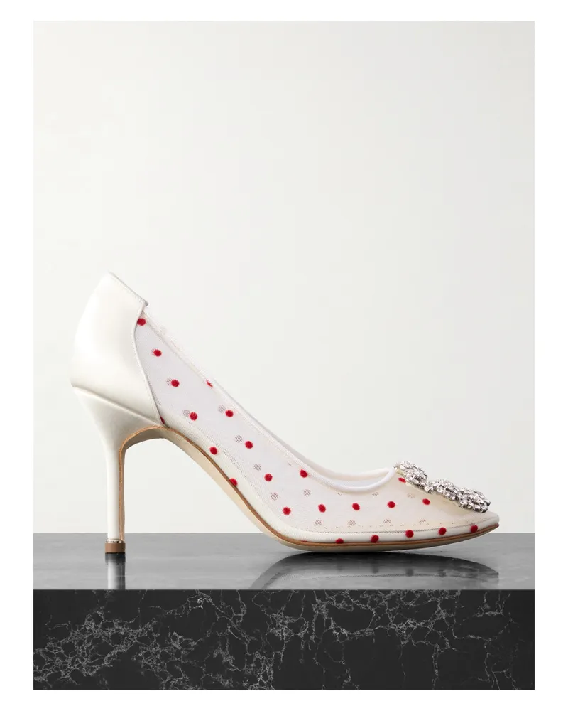 Manolo Blahnik Hangisi 90 Pumps Aus Beflocktem Mesh Mit Satinbesätzen Und Kristallen - Weiß Weiß