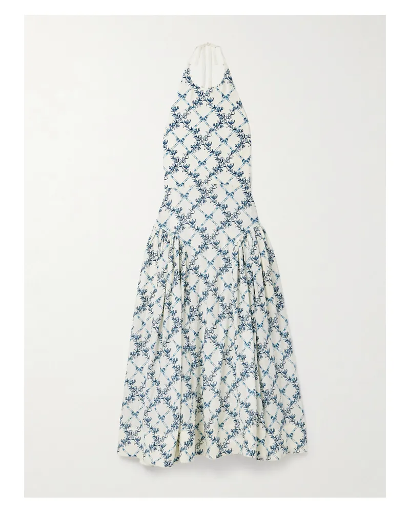 AGUA BENDITA Balsa Neckholder-midikleid Aus Bedrucktem Leinen Mit Kunstperlen - Wollweiß Wollweiß