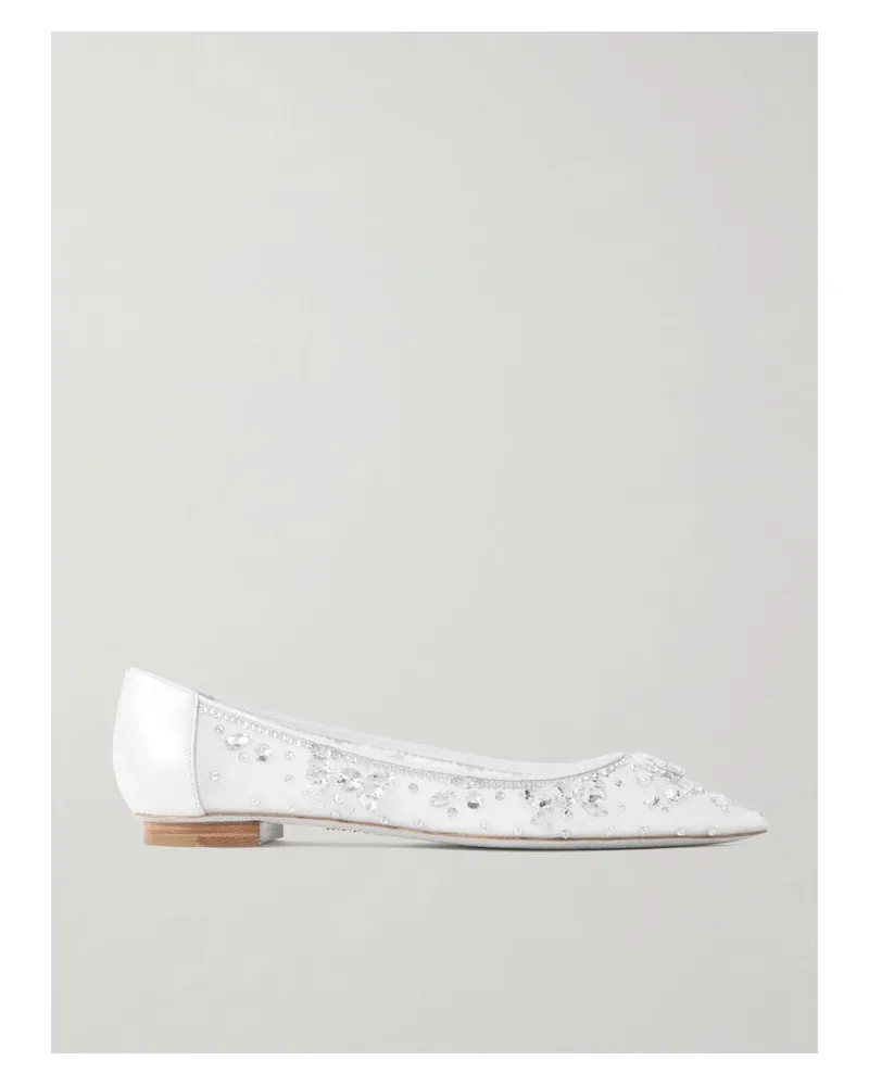 René Caovilla Ballerinas Mit Spitzer Kappe Aus Tüll Mit Kristallen Und Lederbesätzen - Weiß Weiß