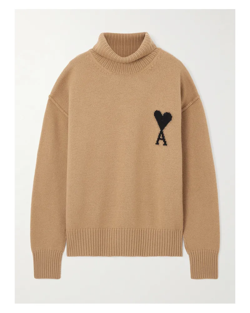 AMI Paris Oversized-rollkragenpullover Aus Wolle Mit Intarsienmotiv - Braun Braun