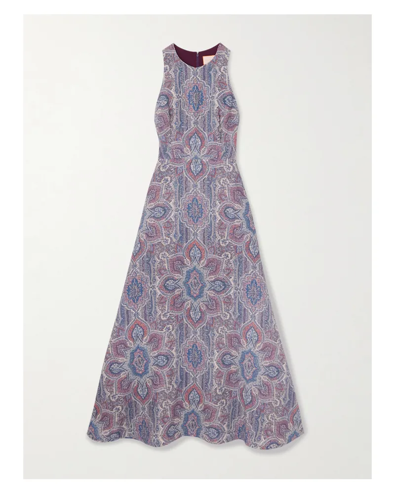 Marta Ferri Colonna Printed Linen Midi Dress - Blue Blue