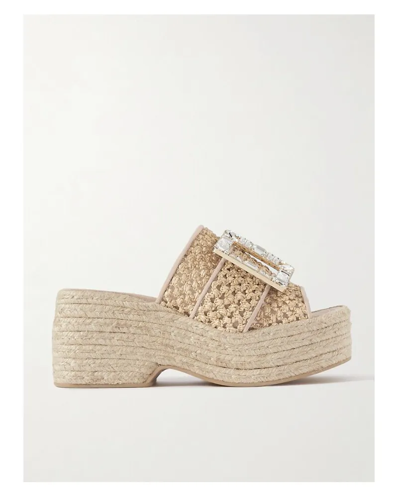 Roger Vivier Plateau-mules Aus Raffiabast Mit Kristallen Und Velourslederbesätzen - Neutral Neutral