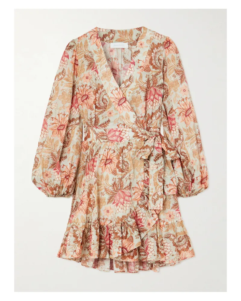 Zimmermann Daylight Mini-wickelkleid Aus Bedruckter Baumwolle Mit Volants - Pink Pink