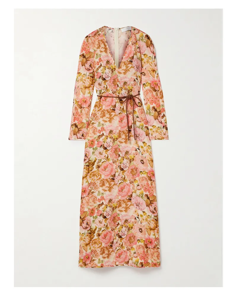 Zimmermann Golden Maxikleid Aus Leinen Mit Blumenprint Und Bindegürtel - Pink Pink