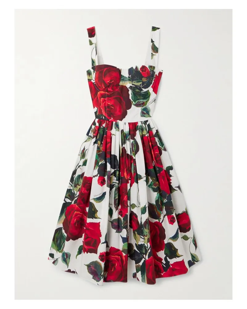 Dolce & Gabbana Kleid Aus Baumwollpopeline Mit Blumenprint Und Falten - Rot Rot