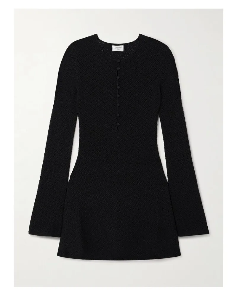 Saint Laurent Minikleid Aus Einer Wollmischung In Lochstrick - Schwarz Schwarz