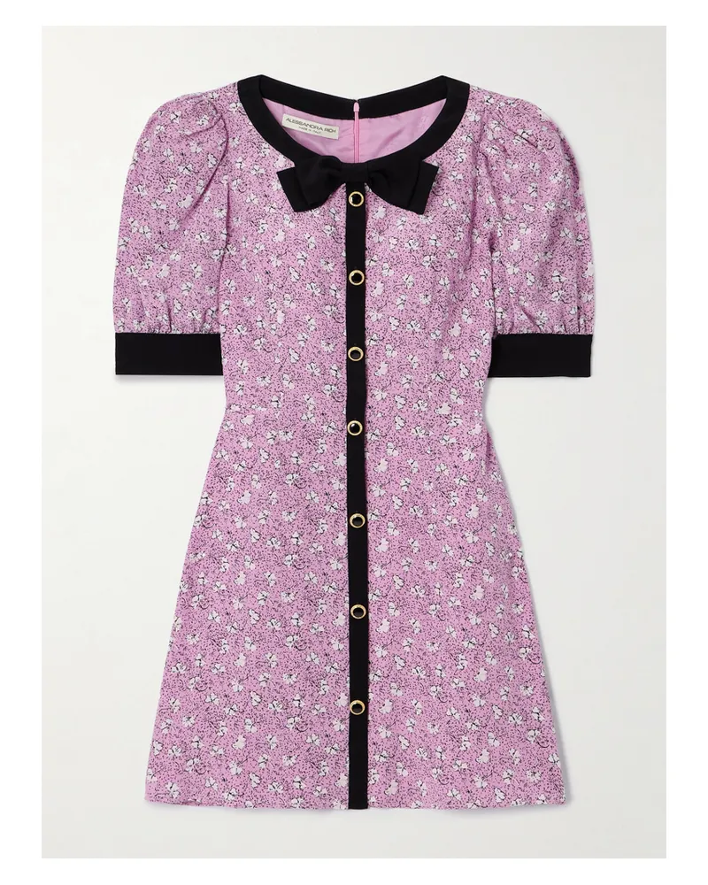 Alessandra Rich Clover Minikleid Aus Seide Mit Blumenprint, Schleife Und Zierknöpfen - Pink Pink