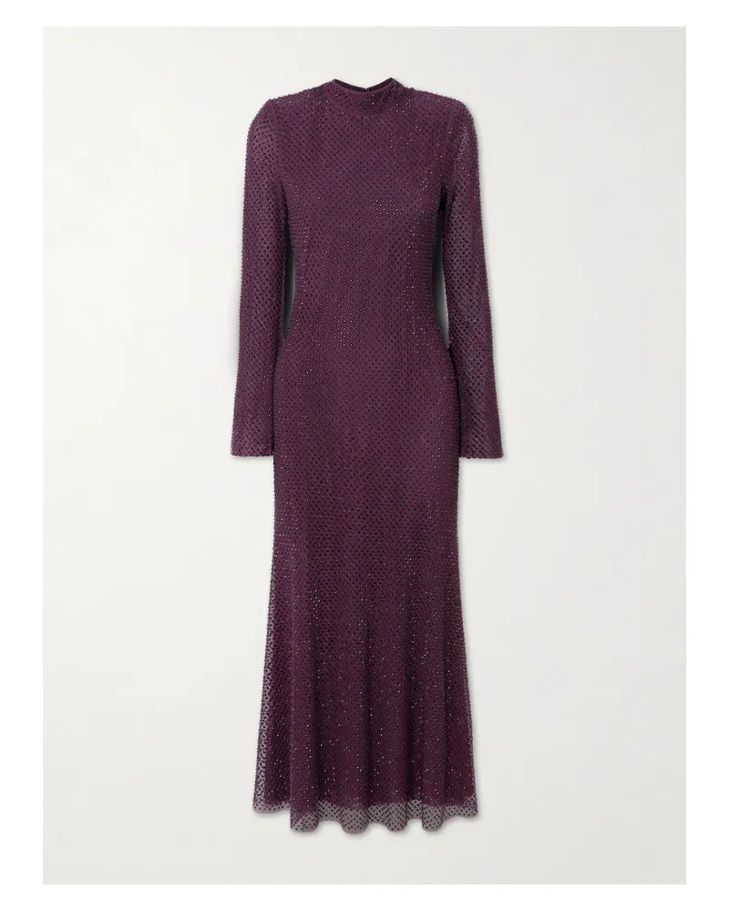 Self-Portrait Midikleid Aus Netzmaterial Mit Kristallen Und Stehkragen - Burgunder Burgunder