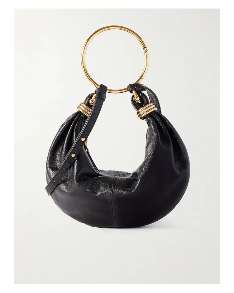 Chloé Bracelet Embellished Glossed Textured-leather Shoulder Bag - Black Black