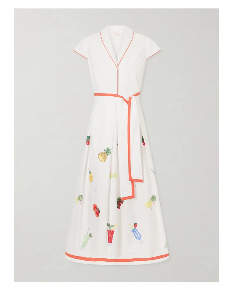 Loretta Caponi Giardino Belted Embroidered Cotton-poplin Dress - White White