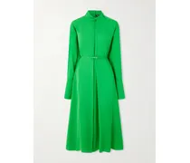 Embellished Belted Pleated Silk-georgette Midi Dress - Green