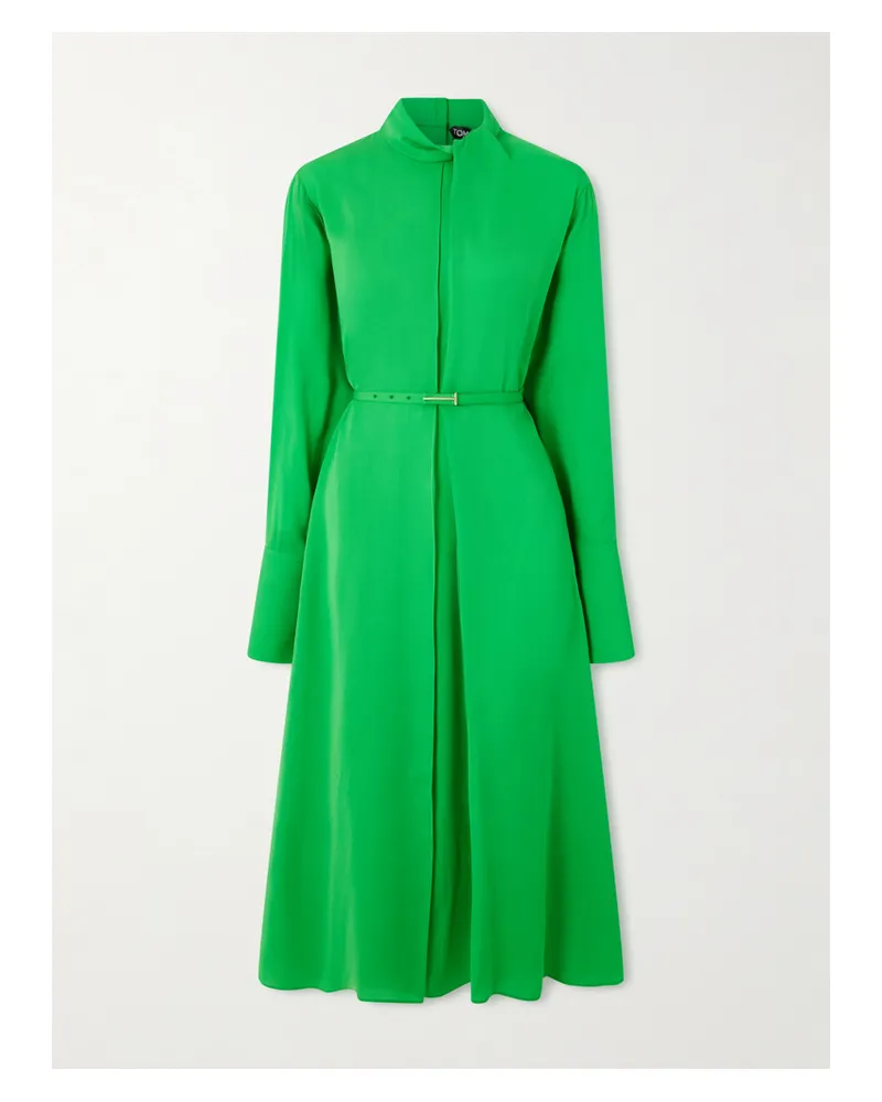 Tom Ford Embellished Belted Pleated Silk-georgette Midi Dress - Green Green