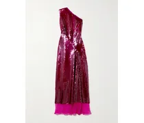 One-shoulder Chiffon-trimmed Sequined Tulle Gown - Burgundy