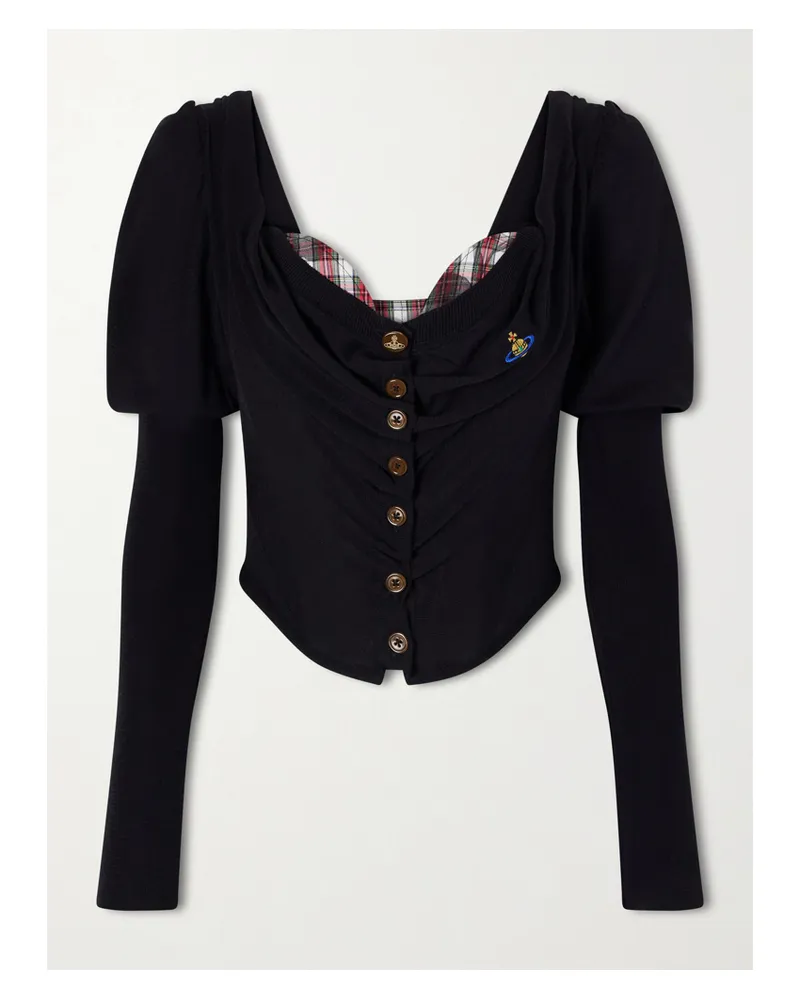Vivienne Westwood Bea Checked Cotton-trimmed Embroidered Wool And Silk-blend Cardigan - Black Black