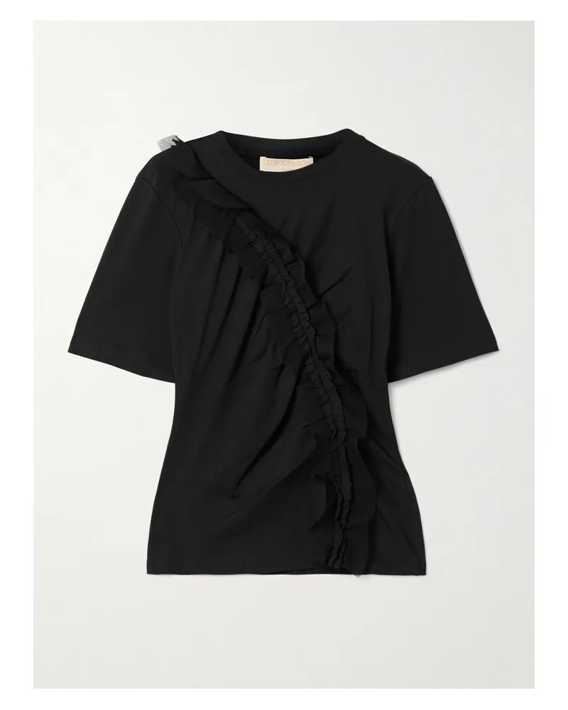 Ulla Johnson Vivi T-shirt Aus Biobaumwoll-jersey Mit Raffungen Und Kreponbesätzen - Schwarz Schwarz