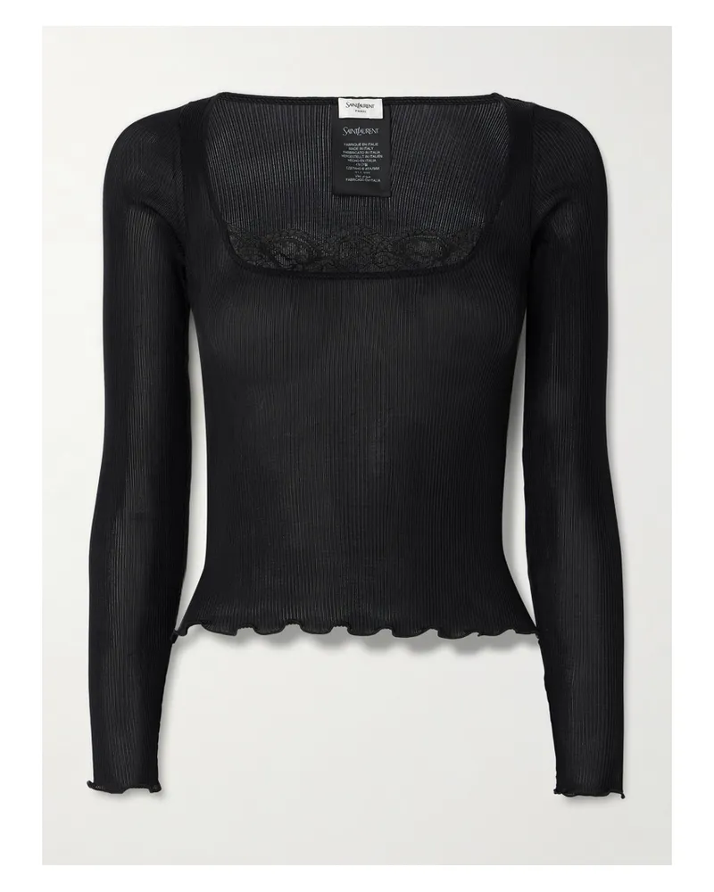 Saint Laurent Lace-trimmed Ribbed Silk Top - Black Black