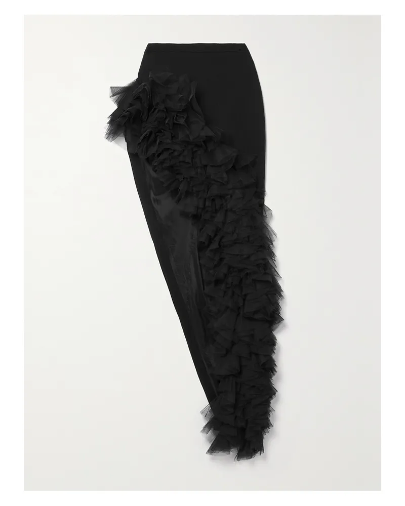 David Koma Asymmetrischer Maxirock Aus Woll-crêpe Mit Rüschen Aus Tüll - Schwarz Schwarz