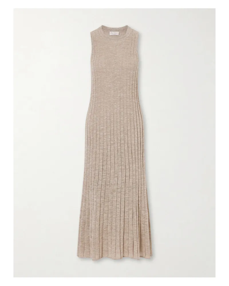 Brunello Cucinelli Metallic Ribbed-knit Midi Dress - Neutrals Neutrals
