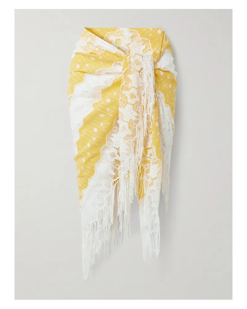 Miguelina Julia Pareo Aus Besticktem Baumwoll-voile Und Spitze Mit Fransen - Gelb Gelb