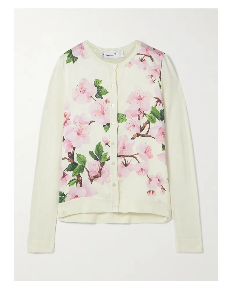 Oscar de la Renta Cardigan Aus Strick Mit Einsätzen Aus Twill Aus Einer Seidenmischung Mit Blumenprint - Ecru Ecru