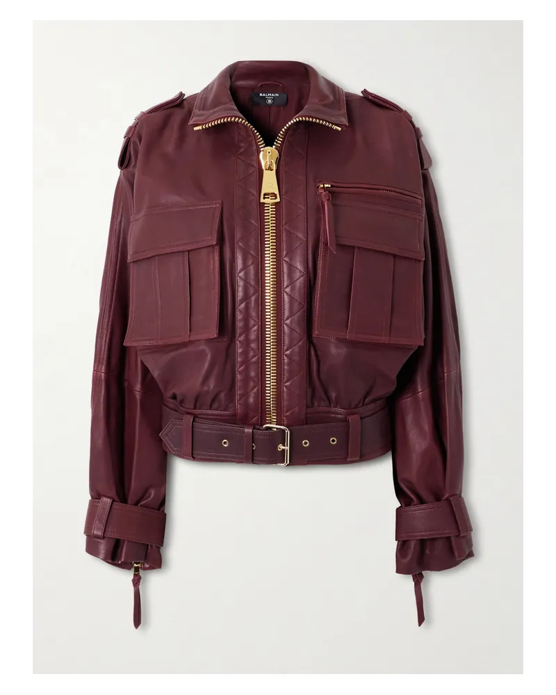 Balmain Bomberjacke Aus Leder Mit Gürtel - Burgunder Burgunder